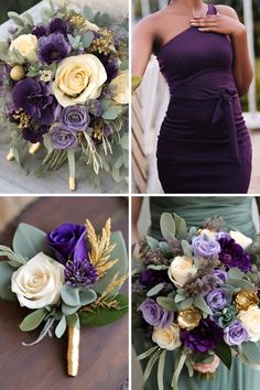 four different pictures of brides bouquets with purple and white flowers on them,