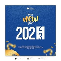 a blue and gold new year poster with confetti