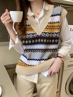 Ethnic Print Knit Sweater, Vintage V Neck Sleeveless Vest For All Season, Women's Clothing Style Sweater Vest, Vest Y2k, Women Korean Fashion, Vest Sweater, Trendy Fashion Tops, Vest Women, Sweater Vest Women, Sleeveless Pullover, Ethnic Print