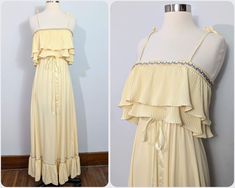 The most boho, comfortable hippie dress ever! There's an empire waist and a lot of flow to the skirt. The ruffle is accordion pleated and the shoulder ties can be adjusted. 100% polyester, marked size 9 (but remember that vintage sizes are different from modern, so please check the measurements to ensure a proper fit). No noted flaws! 70’s Yellow Wedding Dress, Yellow Ruffle Top, Yellow Boho Dress, Boho 70s, 70s Maxi Dress, Hippie Dress, Hippie Dresses, Pastel Yellow, Ruffle Top