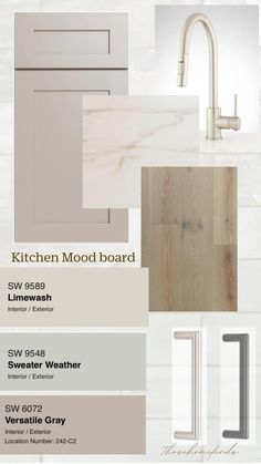 the kitchen mood board is shown with different colors and finishes, including white cabinets, gray counter