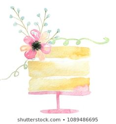 a watercolor painting of a cake with flowers on top