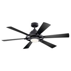 a ceiling fan with three black blades on the top and one light on the bottom