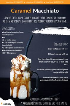 an advertisement for caramel macchiato coffee with whipped cream on top and caramel syrup in the bottom