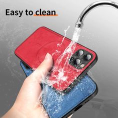 a hand holding an iphone case with water splashing on it and the back cover is open