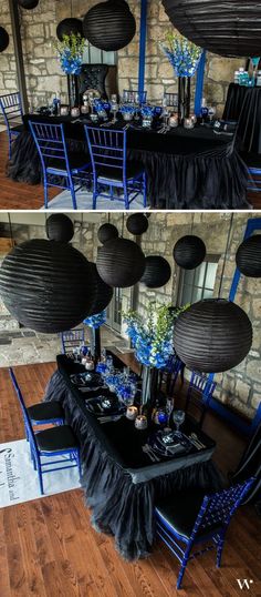 two pictures of tables with black and blue decorations