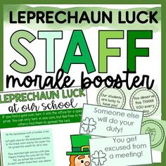 a st patrick's day poster with the words staff, leprechaun luck and