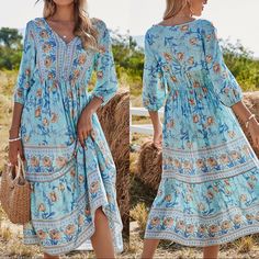 Brand New, Boutique Item. Floral Print, 3/4 Sleeves, V Neck Design Midi Dress. Size S: Bust 36”, Stretchy Waist 25”-35”, Sleeve 15.75”, Length 47”. Size M: Bust 38”, Stretchy Waist 27”-37”, Sleeve 15.75”, Length 48”. Size L: Bust 40”, Stretchy Waist 29”-40”, Sleeve 16.5”, Length 48.5”. Size Xl: Bust 42”, Stretchy Waist 31”-42”, Sleeve 17”, Length 49”. Fast Shipper, Same/Next Day Shipping. Bundle To Save On Trendy Dress Top Cardigan Sweater Jacket Vest Leggings Jewelries Accessories Swimwear Biki