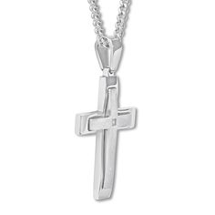 Crafted of stainless steel, this men's cross necklace features brushed and polished finishes for a sleek look. A round diamond accents the center to complement. The 24-inch curb chain fastens with a lobster clasp. Silver Cross Necklace Mens, Silver Cross Necklace With Curb Chain, Stainless Steel Cross Necklace With Curb Chain, Cross Necklace Mens, Mens Cross Necklace, Mens Crosses, Cross Chain, Necklace Diamond, Silver Cross