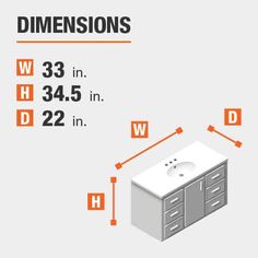 the measurements for two sinks are shown in orange and white, with an arrow pointing to them