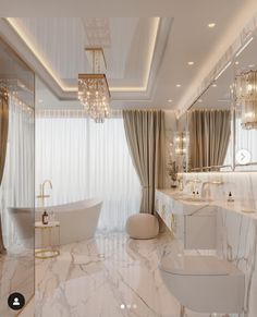 an elegant bathroom with marble floors and white tub, chandelier, lights, and curtains