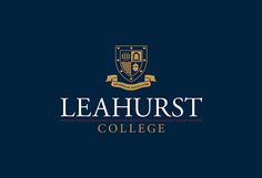 the leahurst college logo on a dark blue background with gold lettering and a shield