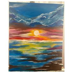 an acrylic painting of a sunset over the ocean with clouds in the sky