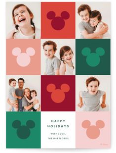 the mickey mouse holiday card is shown in red, green and pink squares with photos of people