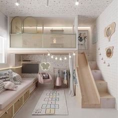 this is an image of a bedroom with stairs