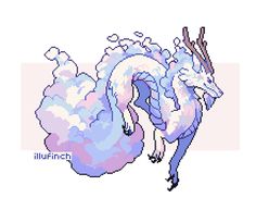 a pixellated image of a dragon with its tail curled up and wings spread out