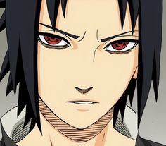 an anime character with black hair and red eyes looks at the camera while staring straight ahead