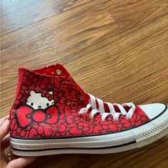 Original Box Not Included Never Worn! Men’s 7 / Women’s 9 Red Converse Sneakers With Rubber Sole, Hello Kitty Bow, Converse Red, Womens Converse, Converse Shoes, Womens Shoes Sneakers, High Tops, Red White, Original Box