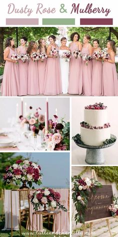 the wedding party is posing for pictures in their pink and white outfits, with flowers on top