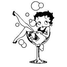 a black and white drawing of a girl in a wine glass with bubbles floating around her