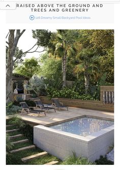 an outdoor swimming pool surrounded by greenery and wooden steps leading up to the deck