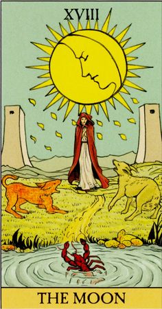 the moon tarot card with an image of a woman and two dogs