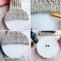 the steps to make a knitted mitt with yarn and buttons on it, including one