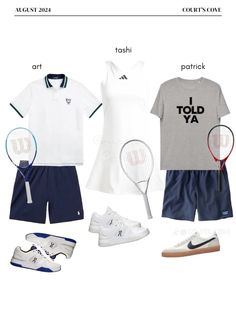 tennis clothes and shoes are arranged on a white background with the names of each item