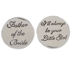 two silver cufflinks with words on them