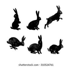 black silhouettes of rabbits in different positions on a white background, set of nine