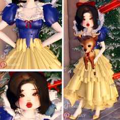 three different pictures of snow white and her baby deer in front of a christmas tree