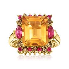 Ross-Simons - 5.50ct Citrine Ring, .27ct t. w. Ruby, .23ct t. w. Brown Diamonds. Size 5. High-impact color is at the heart of this stunning cocktail ring! An exceptional 5.50 carat emerald-cut citrine beams brighter than sunshine, as .27 ct. t. w. round and marquise rubies and .23 ct. t. w. round brilliant-cut brown diamonds burst in a frame of sultry red and brown. Crafted in polished 14kt yellow gold. 5/8" wide. Brown diamond, ruby and citrine ring. Diamond birthstones are the perfect gift for Brown Diamonds, Diamond Birthstone, Beautiful Wedding Rings, Red And Brown, Citrine Ring, Amber Stone, Brown Diamond, Jewel Box