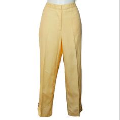 Yellow Linen Capris With Embellishments At Hemline. Split On Sides At Hemline. Side Pockets, 4 Inches Of Elastic At Each Side Of The 1.5" Waistband, 6" Fly Zipper With Hook & Button Closure. No Pleats And No Belt Loops. Waist 32" (Elastic On Each Side) Hips 42" Inseam 25" Fabric: 55% Linen, 45% Rayon Care: Turn Garment Inside Out, Machine Wash In Cold Water With Like Colors. Only Non Chlorine Bleach. Line Dry, Warm Iron. Do Not Iron Embellishments. Yellow Formal Bottoms For Spring, Formal Yellow Bottoms For Spring, Classic Yellow Bottoms For Summer, Pink Chinos, White Capri Pants, Black Capri Pants, Black Capris, White Capris, Pedal Pushers