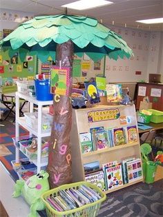 the children's library is decorated with books and toys