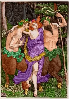 an image of a man and woman in the woods with animals around him, as well as two other men