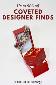 Image of a red gift box containing a designer watch and rings, with text "UP TO 90% OFF COVETED DESIGNER FINDS" North Shore, Holiday Gift Guide, Designer Outfits Woman, Luxury Designer, Gift Guide, Shoes Jewelry, Luxury Design, Designer Fashion, Holiday Gifts