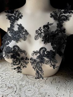 "BLACK corded ALENCON lace applique pairs. Unbeaded for you to embellish as you wish.. * Measures 13.25\" in length by 6.25\" in width OVERALL. EACH SIDE. * Listing is for the PAIR More lace, stretch lace, appliques, flowers, leaves and other lovelies located here: LACES: http://www.etsy.com/shop/MaryNotMartha?section_id=6414105 STRETCH LACES: http://www.etsy.com/shop/MaryNotMartha/search?search_query=STRETCH+LACE&search_submit=&search_type=user_shop_ttt_id_5464080&shopname=MaryNotMartha APPLIQU Fitted Black Crochet Lace, Black Crochet Lace For Party, Bridal Capes, Bridal Cape, Alencon Lace, Lyrical Dance, Corded Lace, Flowers Leaves, Black Laces