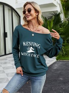 Resting Witch Face Halloween Sweatshirt Long Sleeve Slogan Top For Fall, Casual Halloween Tops With Letter Print, Long Sleeve Halloween Streetwear Top, Long Sleeve Tops For Halloween Streetwear, Halloween Letter Print Long Sleeve Sweatshirt, Halloween Long Sleeve Sweater With Letter Print, Halloween Tops With Letter Print In Loose Fit, Halloween Long Sleeve Relaxed Fit T-shirt, Oversized Long Sleeve Halloween T-shirt