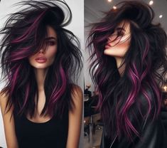 Platinum And Purple Hair Highlights, Black And Purple Color Block Hair, Black Hair With Magenta Highlights, Long Black And Purple Hair, Hair Color Black With Highlights, Bold Hair Color Ideas For Brunettes, Black And Vivid Hair Color, Chunky Peekaboo Highlights, Edgy Summer Hair Color