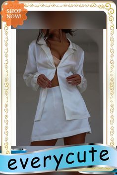 White Open Front Button Shirt with Mini Skirt Set White Button-up Sets For Spring, Chic White Sets With Buttons, White Long Sleeve Sets With Button Closure, Elegant Button-up Summer Sets, Elegant Summer Button-up Set, Mini Skirt Set, Color Pick, Women Set, Button Shirt