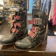 Distressed Look Fly London Boots. Never Worn. Fly London Boots, London Boots, Fly London Shoes, London Shoes, Fly London, Moto Boots, Things To Buy, Combat Boots, Black Red