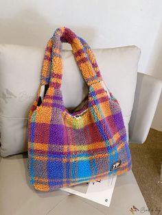 Bird in Bag - Stylish and Practical Womens Lambswool Tote Bag with Color Blocking Design, Offering Generous Capacity for Winter Fashion Color Blocking Design, Purple Bag, Orange Bag, Simple Colors, Bird In Bag, Shoulder Tote Bag, Womens Tote, Shoulder Tote, Winter Women