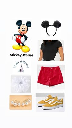 mickey mouse is wearing red shorts, black shirt and yellow shoes with white pearls on them