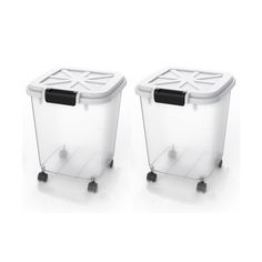 two plastic storage containers with wheels on each side, one is white and the other is black