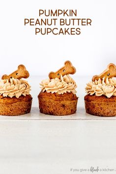 three pumpkin peanut butter cupcakes with frosting on top and the words, pumpkin peanut butter cupcakes