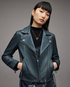 Women's Leather Biker Jacket In Blue Dalby Leather Jacket, Womens Leather Biker Jacket, Leather Shorts Women, Short Leather Skirts, Leather Jacket Outfit, Leather Jumpsuit, Shearling Vest, Studded Jacket, Distressed Jacket