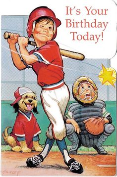 a birthday card with a cartoon baseball player holding a bat and two dogs on the field