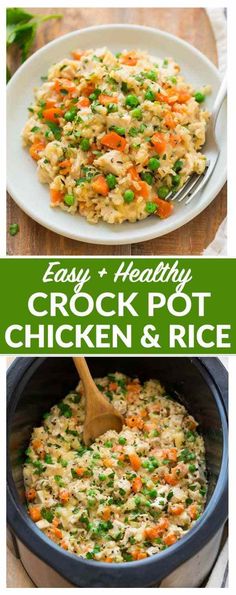 chicken and rice casserole in a crock pot with a wooden spoon on the side