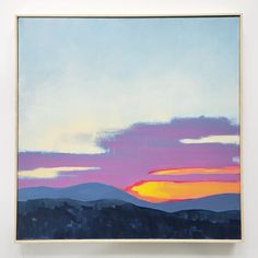 a painting hanging on the wall in front of a white wall with blue and pink clouds