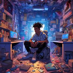 a man sitting on top of a toilet in a room filled with books and electronics